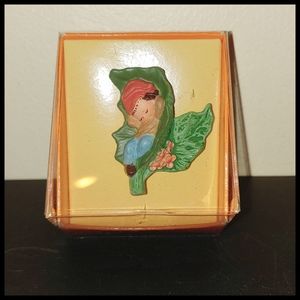 Vintage Hallmark Pixie Elf Sleeping On Leaf Lapel Pin Brooch